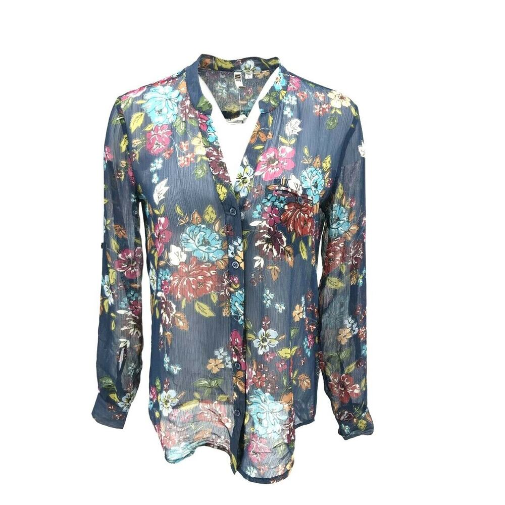Kut From The Kloth Women's Semi Sheer Floral Print Button Down Shirt Sz SM Blue